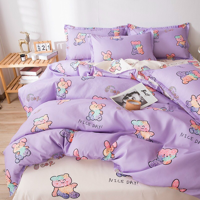 Bộ Drap &amp; Chăn Phao Cotton Poly Gấu Tím