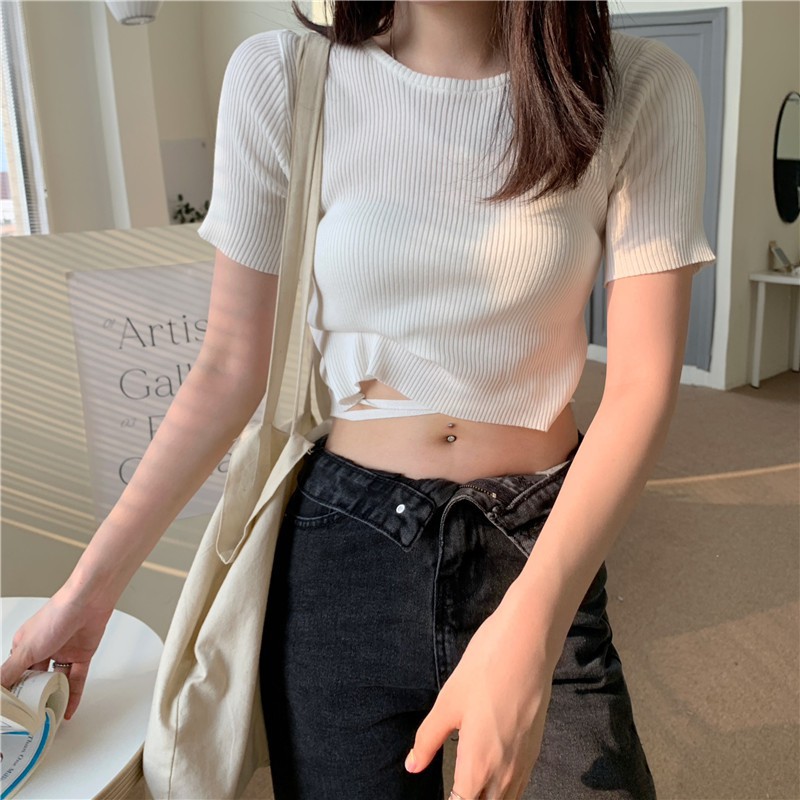 Áo Croptop Tay Ngắn Dáng Ôm Thiết Kế Dây Cột Phong Cách Hip Hop Cá Tính Cho Nữ