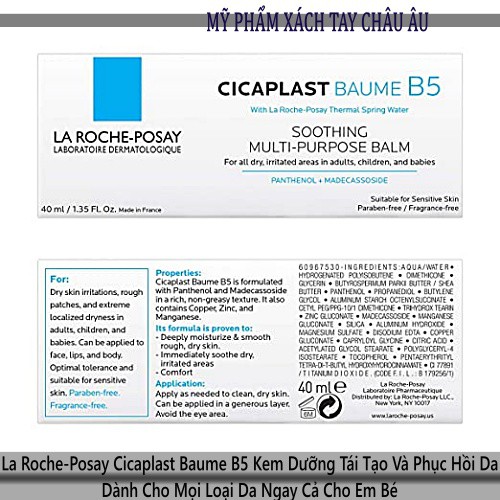 Kem Dưỡng Baume B5 La Roche-Posay Cicaplast Dịu Da Làm Mượt Và Phục Hồi Da - Sử Dụng Cả Cho Trẻ Em 40ml