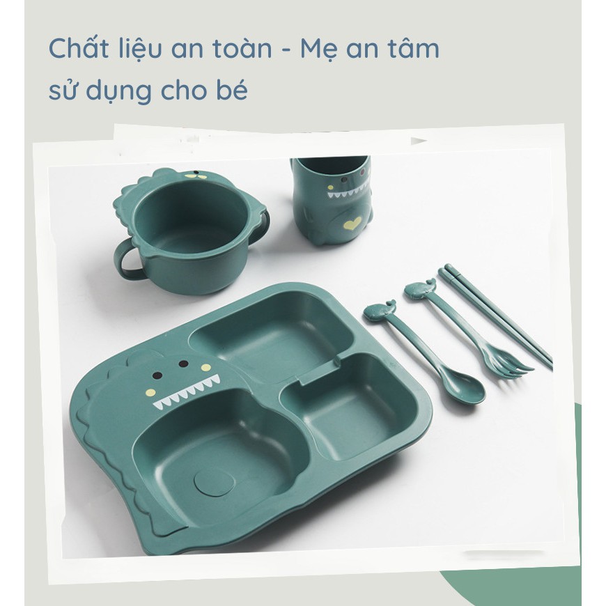 [Amazon Best Seller] Bộ Khay ăn dặm lúa mạch, An Toàn Cho Bé, Full bộ gồm khay, bát, cốc, thìa, nĩa, đũa hình khủng long