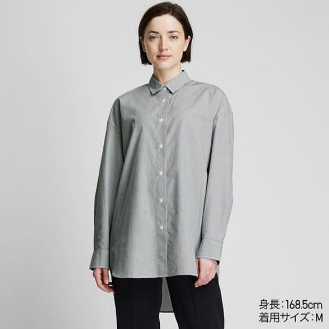 Áo sơ mi nữ dài tay kẻ sọc dòng oversize đuôi tôm cá tính của UNIQLO