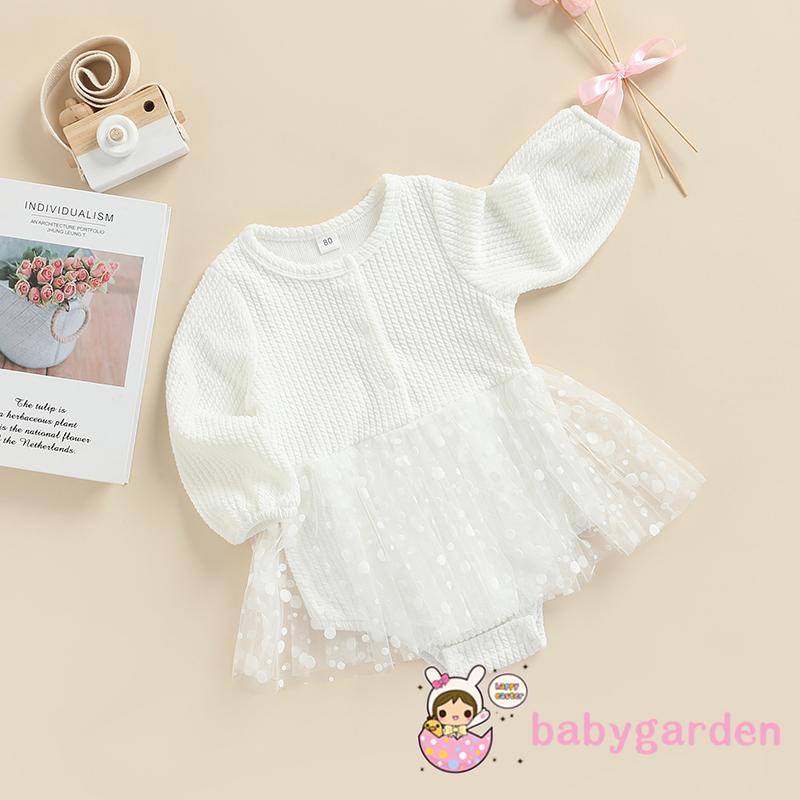 Bộ áo liền quần tay dài phối lưới họa tiết chấm bi dễ thương cho bé gái