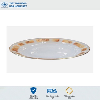 Đĩa tròn nông viền vàng 22K họa tiết hoa mùa thu Thủy Tinh Ngọc USA Homeset cao cấp nhập khẩu chính hãng