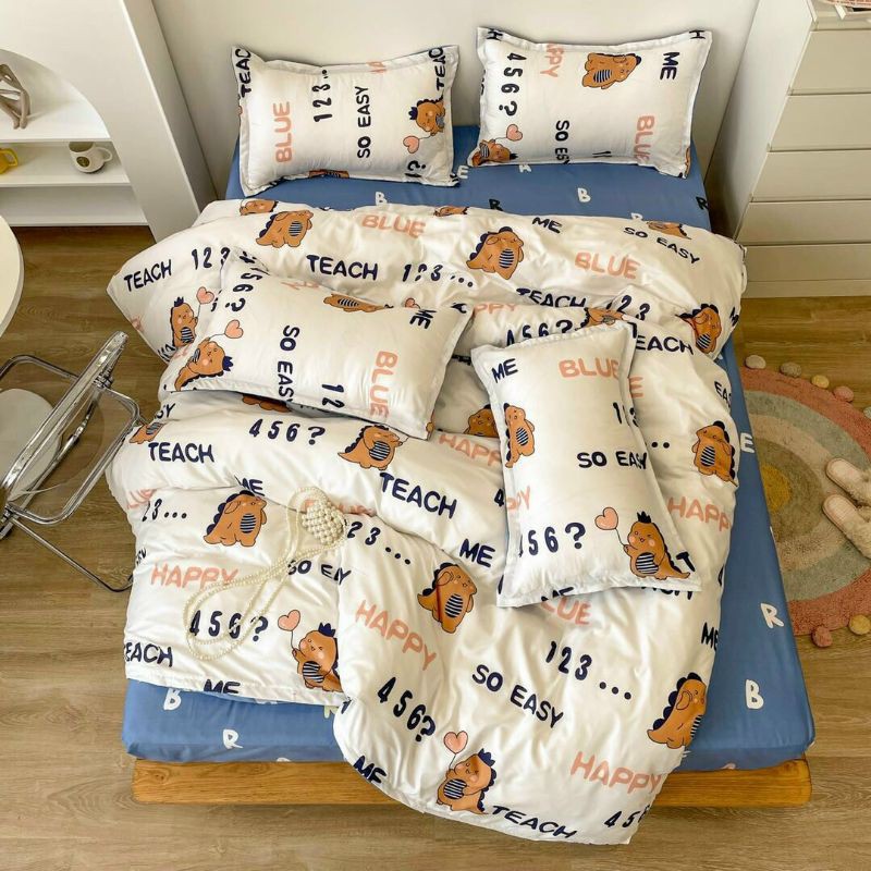 Bộ Chăn Ga Gối Khủng Long Học Chữ Cotton Poly