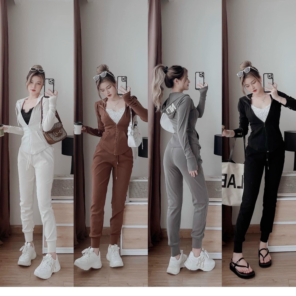 Sét Bộ Thun Gân Tay Dài Có Mũ, Sét Áo Có Khóa Kéo Kèm Mũ Phối Quần Ôm Bo Chun, Sét Đồ Nữ Hót Hít Cá Tính Sang Trọng