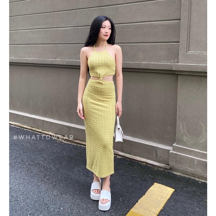 SALE Đầm body cổ yếm cột dây khoét eo thun nổi lưng smocking