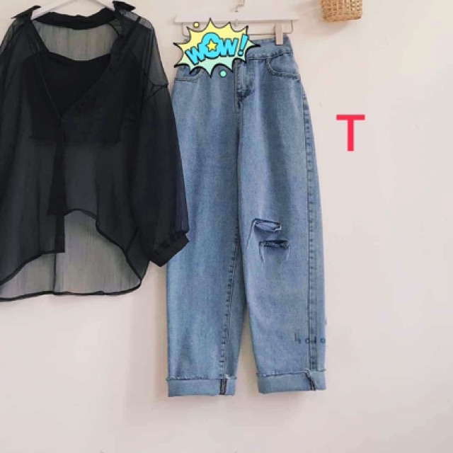 Sét áo sơ mi hai món + quần bagy bò rua gấu rách TT12 , áo kiểu nữ, áo thun nam nữ, quần khaki MODY