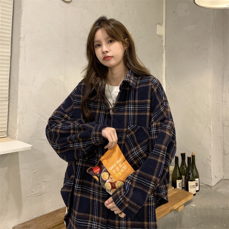 Áo sơ mi ZHELIHANGFEI tay dài form rộng họa tiết sọc theo phong cách đi học dễ phối đồ