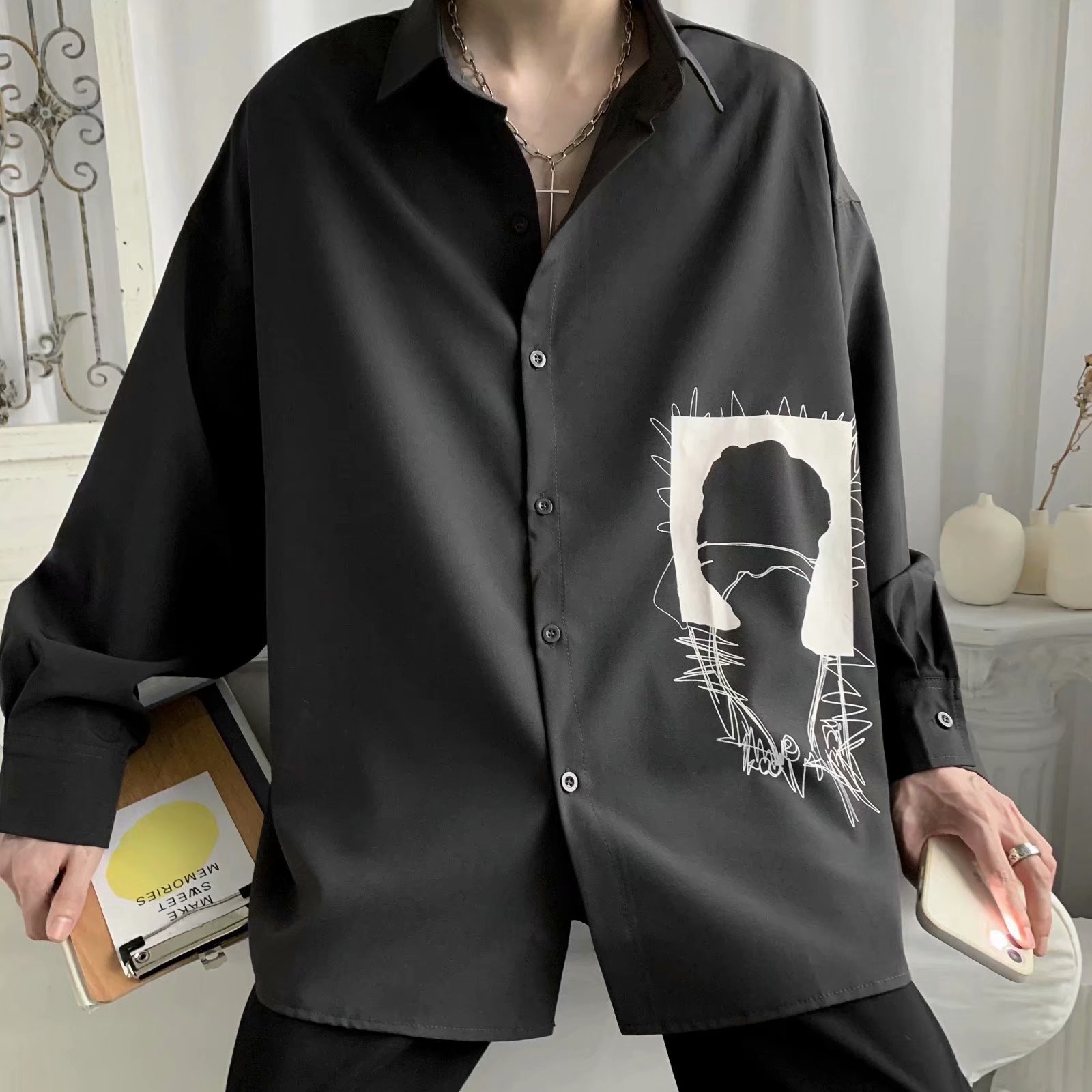 Men's long-sleeved shirt with Korean fashion personality