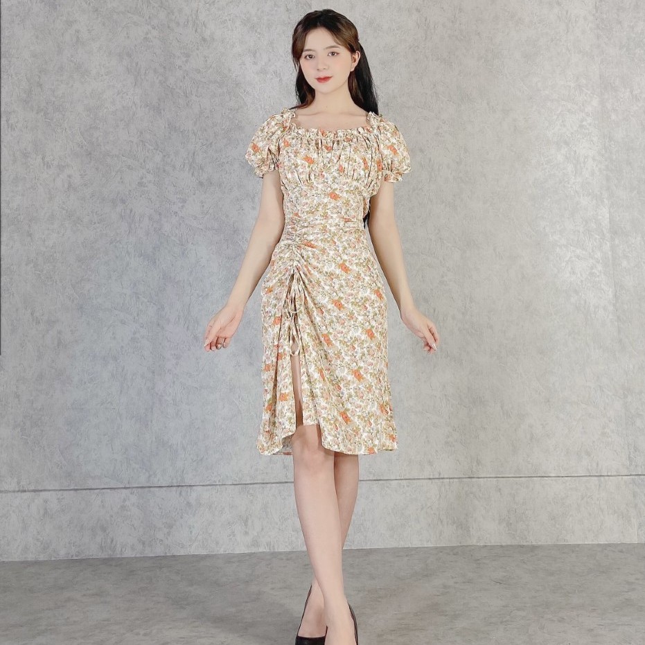 Váy Hoa Cam Xẻ Rút Bên Siêu xinh full size S,M,L