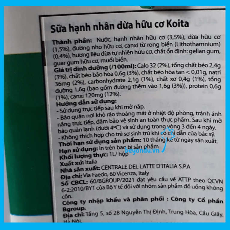 Sữa hạnh nhân dừa hữu cơ Koita 1l bổ sung canxi - Organic Almond Coconut
