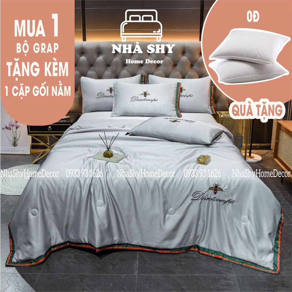 Trọn Bộ Chăn Ga Gối Lụa Dream City In Hoa Văn Cao Cấp - Lụa In Logo Nhiều Họa Tiết