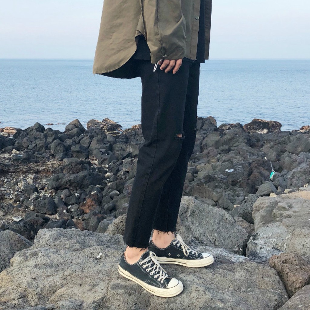 [Tiền Nào Của Đấy]Quần Jean Baggy Nam Rách Gối Ống Rộng Đen Trơn Không Phai Màu Vải Co Giãn-B06