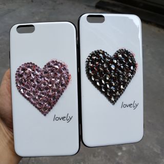 Ốp lưng iPhone 6 / iPhone 6 Plus mặt kính gắn đá trái tim viền dẻo silicone