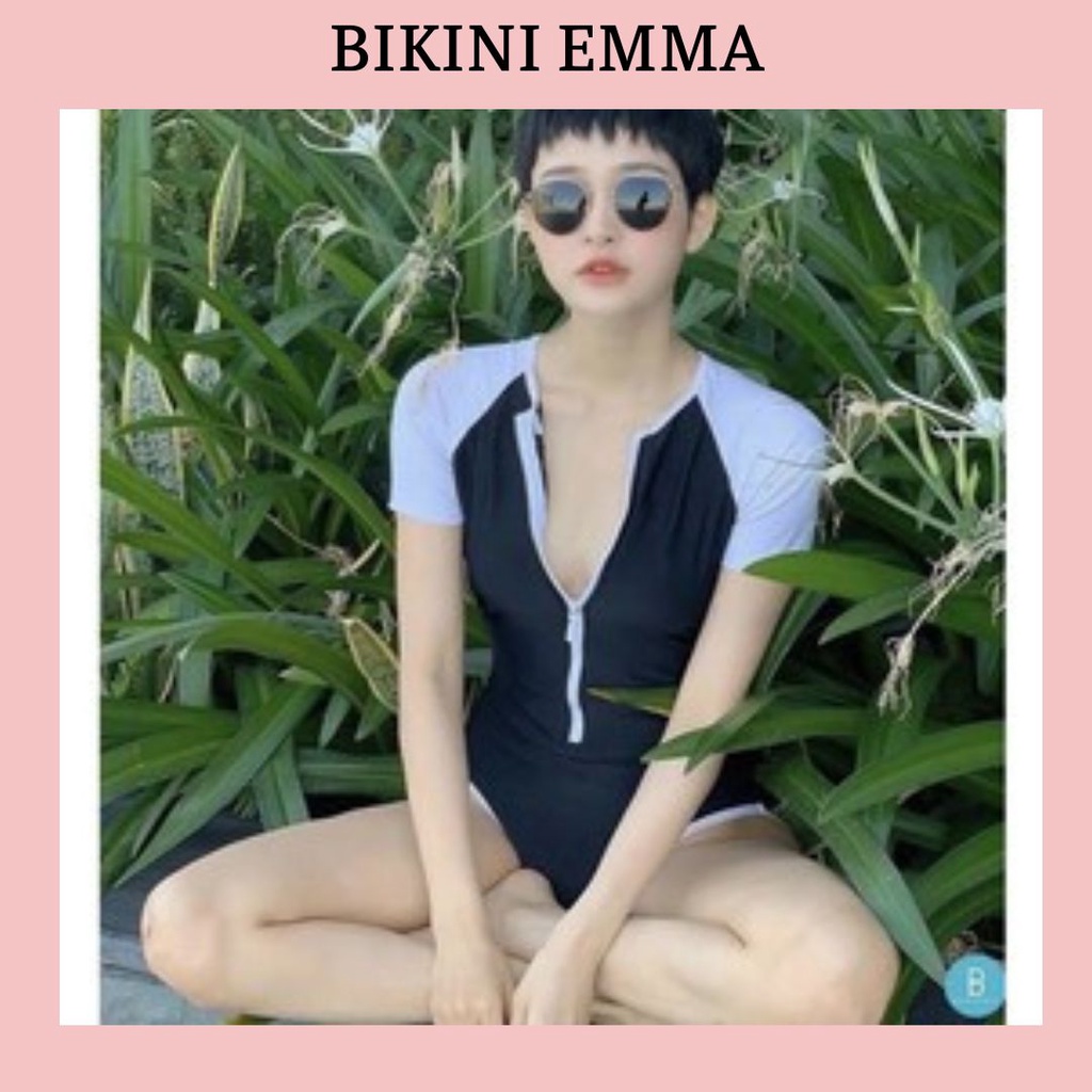 Bodysuit kéo khóa đen phối trắng