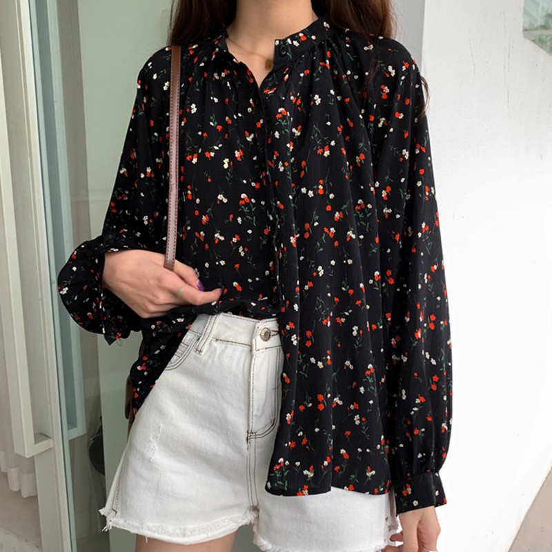 Áo Kiểu Tay Dài Cổ Tròn Hoạ Tiết Hoa Thiết Kế Dáng Rộng Thoải Mái