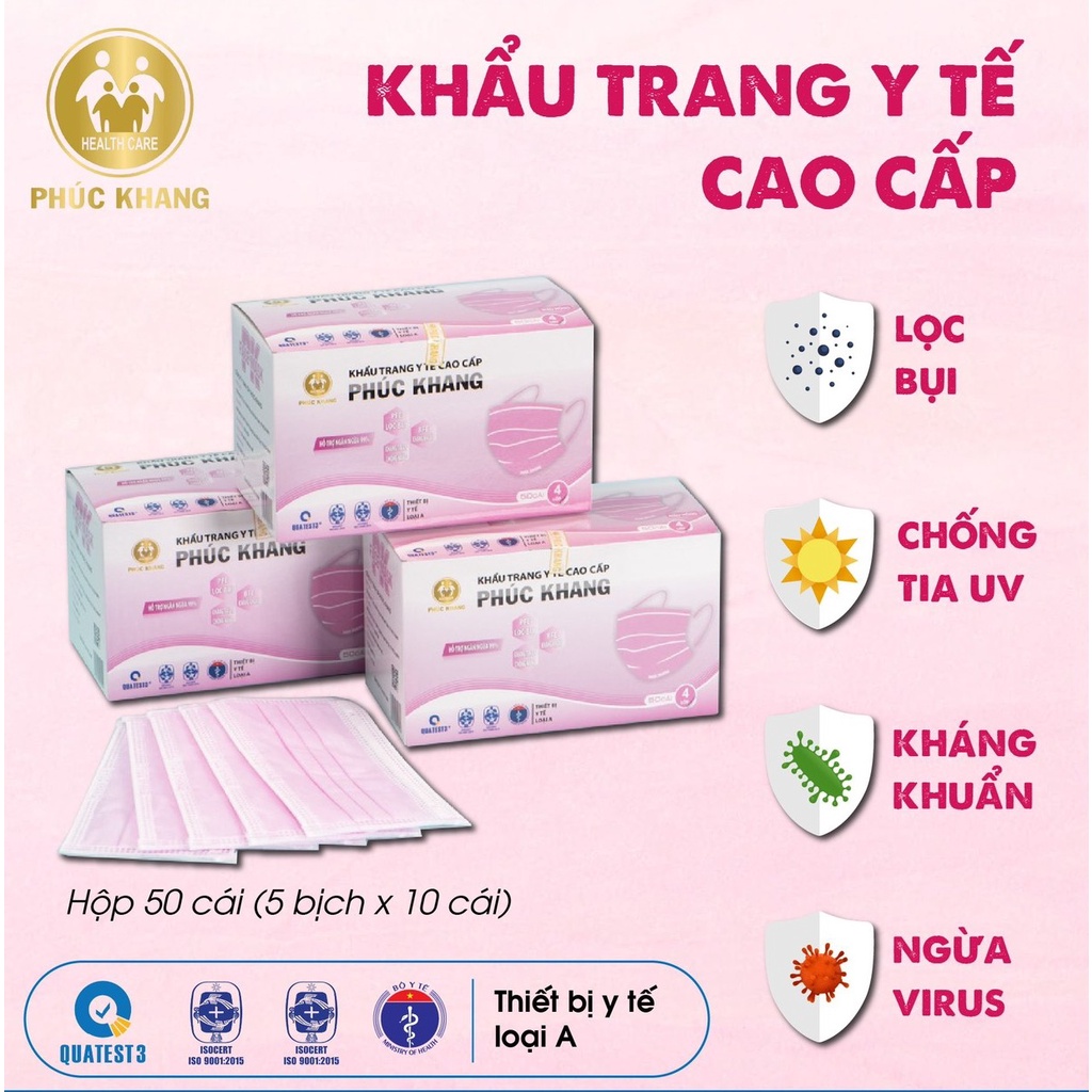 Khẩu trang y tế 4 lớp cao cấp PHÚC KHANG có giấy lọc kháng khuẩn màu trắng, hồng hộp 50 cái - MEDICAL