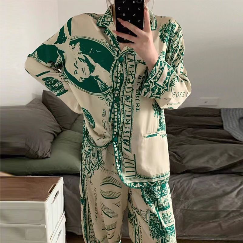 2022 new French ice-silk pajamas women's autumn online celebrity style high-grade printed long-sleeved trousers home suit