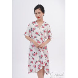 Đầm Glamod Wrap,tay loe, lai bèo, tùng đắp, cột nơ eo D9.630 _ trắng bông hồng