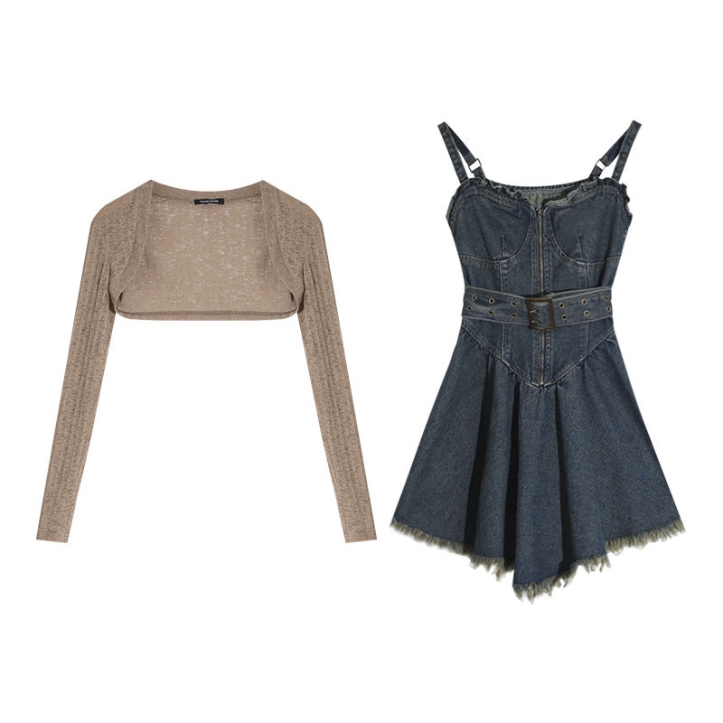 New Style Short Blouse+Sling Dress Irregular Denim Matched With Outer Shawl Sweet Cool Hot Girl Suit Women