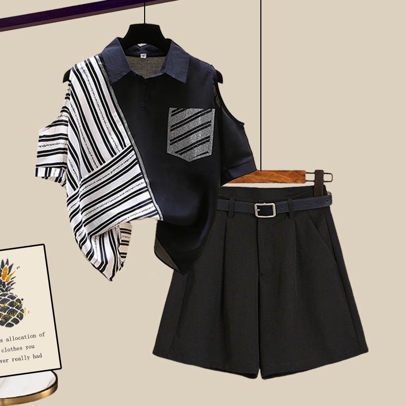 Set đồ 2 mảnh gồm áo sơ mi và quần short phong cách Hồng Kông thời trang mùa hè cho nữ
