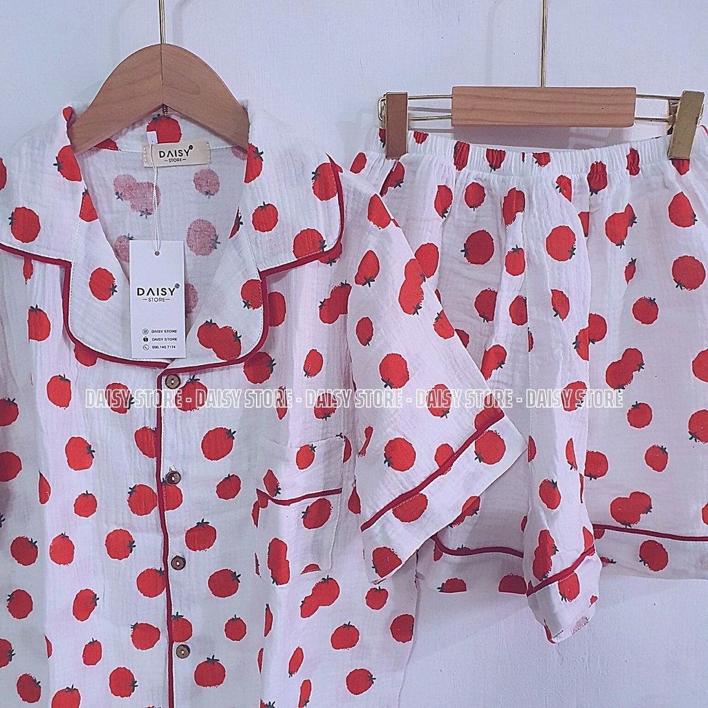 Pyjama mặc nhà đùi xô muslin họa tiết quả cà chua xinh xắn