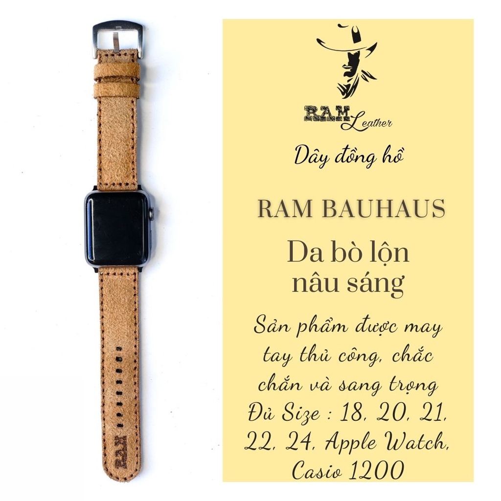 Dây apple watch da bò lộn vàng lúa chín RAM Leather Bauhaus bền chắc