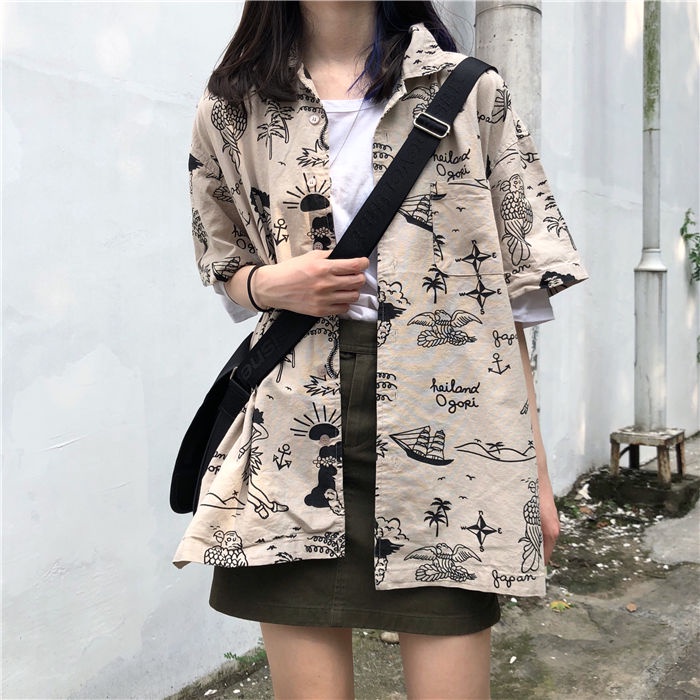 COZOK Áo Sơ Mi Ngắn Tay Cổ Bẻ Form Rộng Phong Cách retro Hàn Quốc