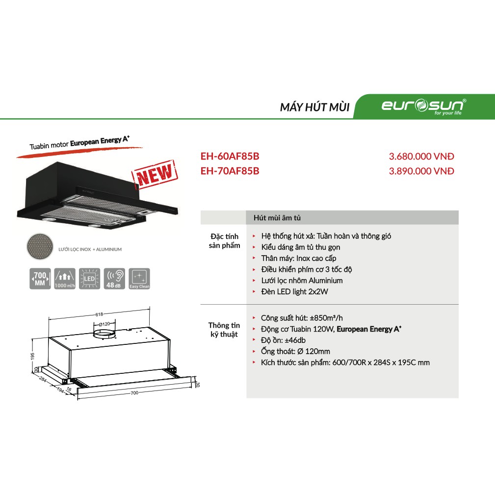 [Miễn Phí Lắp Đặt] Máy Hút Mùi Âm Tủ EUROSUN EH-60AF85B | EH-70AF85B - 3 tốc độ, 850m³/h, Hàng chính hãng