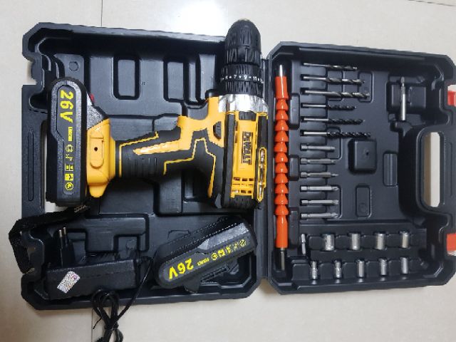 Máy khoan pin dewalt 26v kèm 2 pin và bộ dụng cụ 24 chi tiết