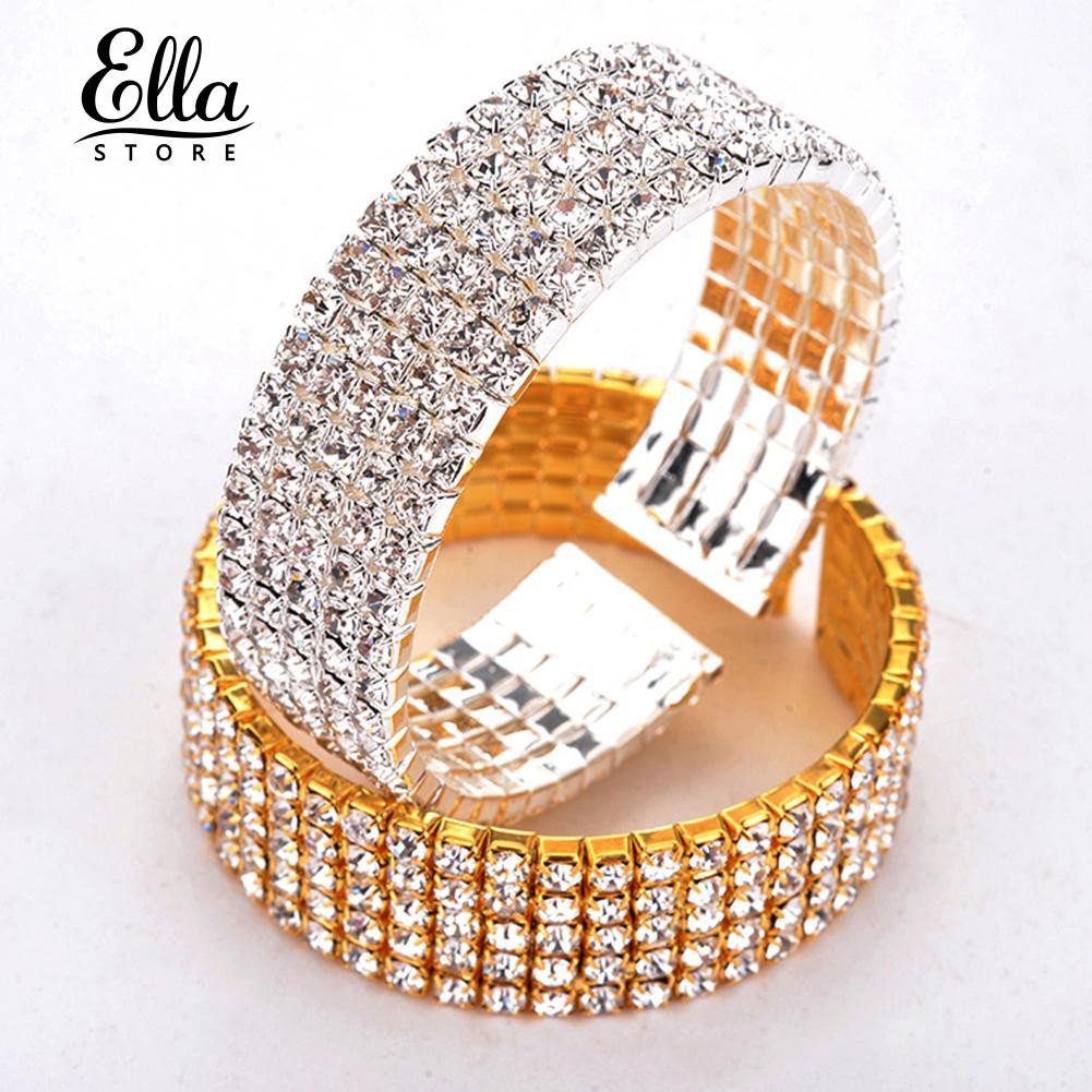Vòng tay hở bản rộng đính 5 hàng kim cương nhân tạo cho nữ/cô dâu Ellastore