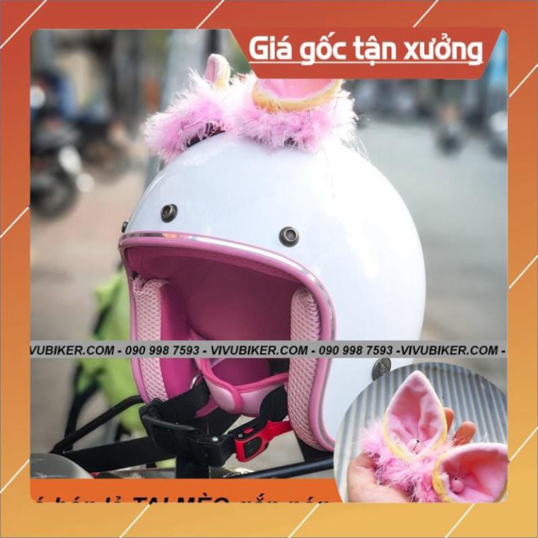 KHO SG- Nón bảo hiểm 3/4 màu trắng lót hồng gắn tai mèo, Mũ bảo hiểm 3/4 tai thỏ trắng lót hồng chính hãng