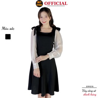 Váy công sở phối tay trắng nơ vai vaydentb 247STORE dáng chữ A , cổ vuông, tay bồng, vải trượt hàn, mềm nhẹ không nhăn