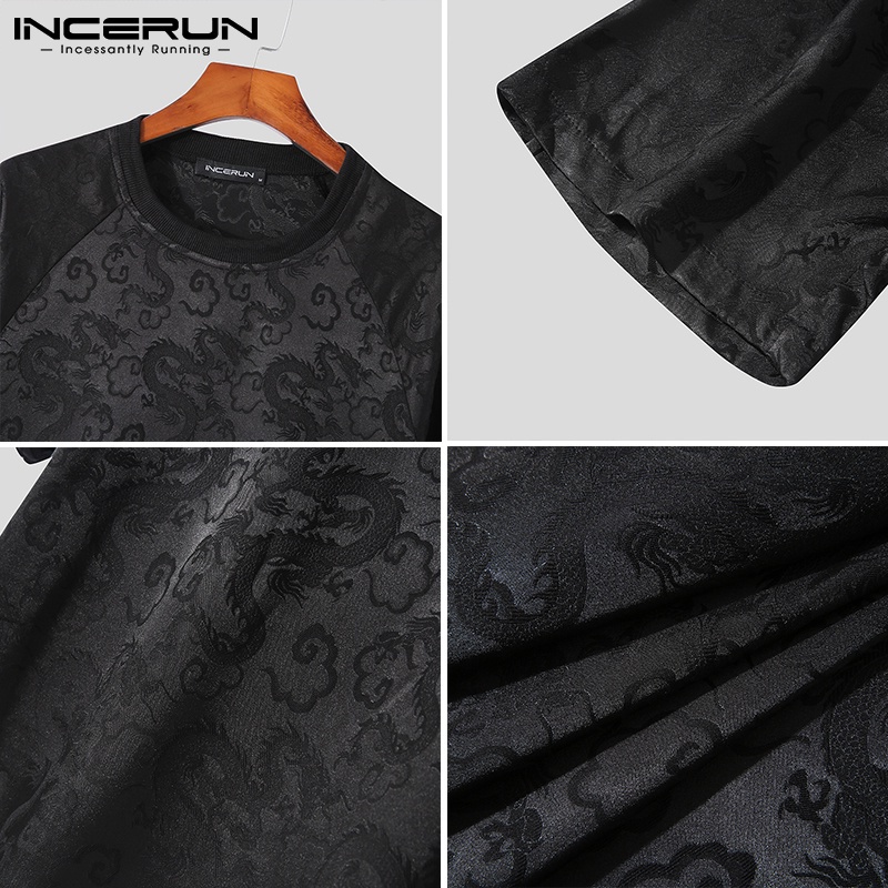 Áo thun nam INCERUN dáng rộng tay ngắn in họa tiết rồng phong cách Trung Hoa retro