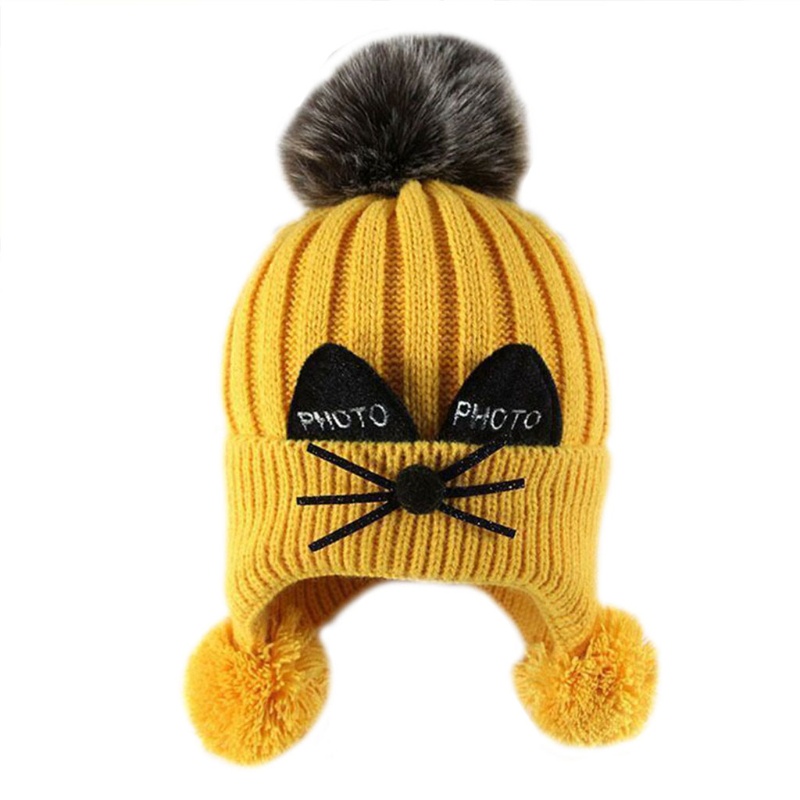 Mũ Beanie Dệt Kim Đính Bóng Lông Giữ Ấm Tai Thời Trang Thu Đông Cho Bé