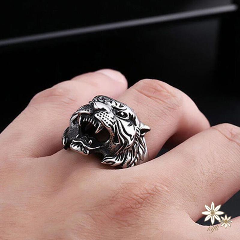 Nhẫn hình đầu hổ bằng hợp kim mạ bạc thời trang cho nam