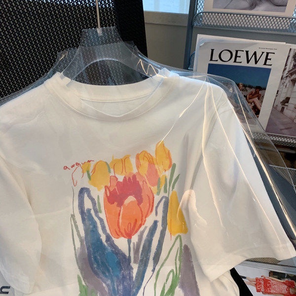 Áo Thun Cotton Tay Ngắn Dáng Rộng In Hình Hoa Tulip Thời Trang Mùa Hè Hàng Mới Dành Cho Bạn Nữ