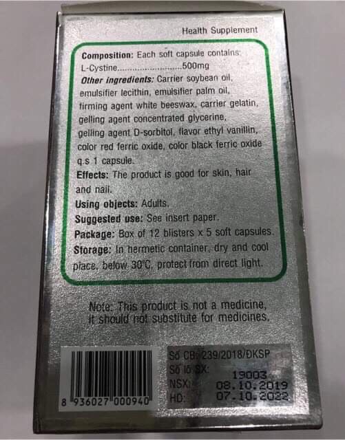 L-cystine (tốt cho da, tóc ,móng) (công ty phil inter Pharma)(hộp 60 viên)