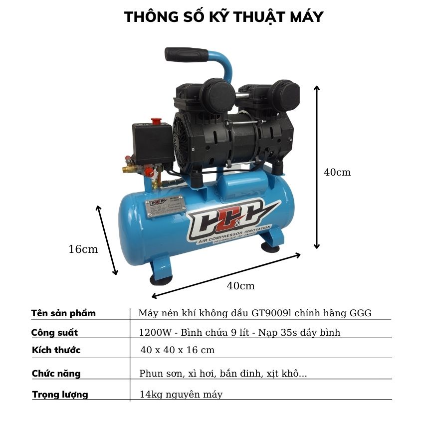 Máy nén khí mini không dầu, ít ồn, 9 lít 1200w chính hãng GGG, 2 van nạp khí 35s đầy bình chuyên dùng phun sơn, xì khô