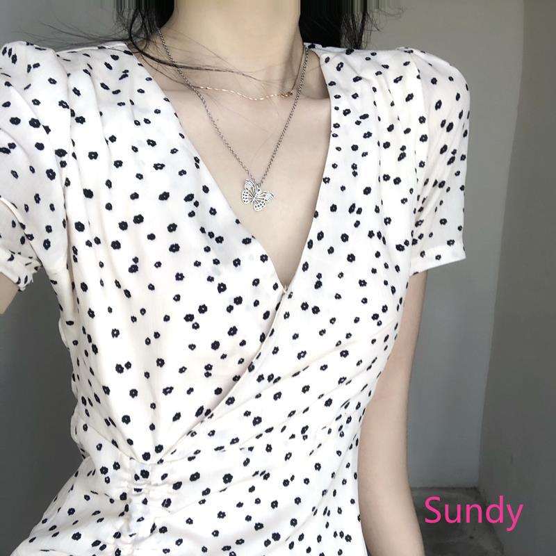 Đầm Tay Ngắn Cổ Chữ V Hoạ Tiết Hoa Xinh Với Dây Rút Bắt Mắt Cho Phái Nữ