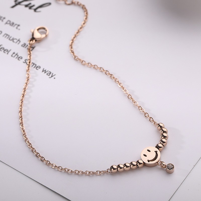 Lắc chân thép titan không gỉ 316L mạ màu vàng hồng 18k hình mặt cười chống nước không gây dị ứng