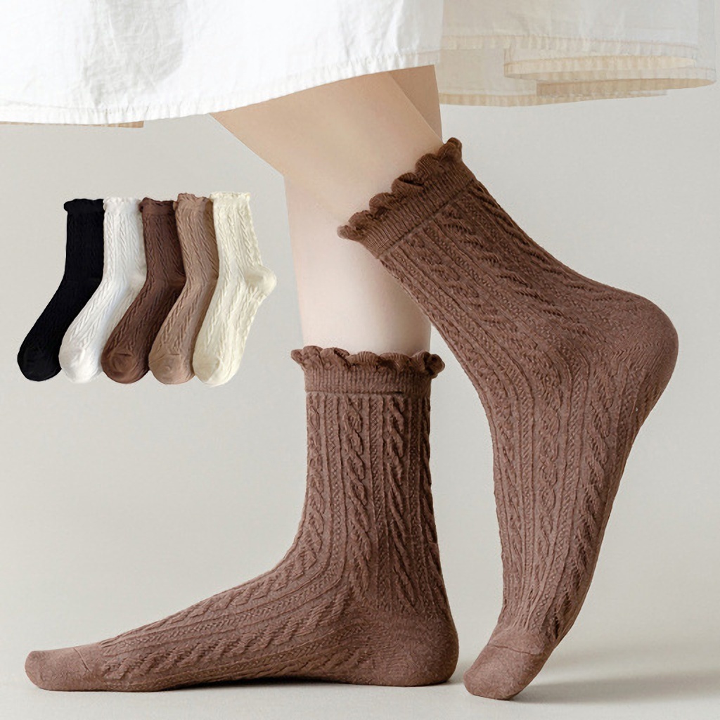 Vớ Cotton Thoáng Khí Thoải Mái Phối Ren Màu Trơn Họa Tiết Kẻ Sọc Dễ Thương Phong Cách Nhật Bản Cho Nữ