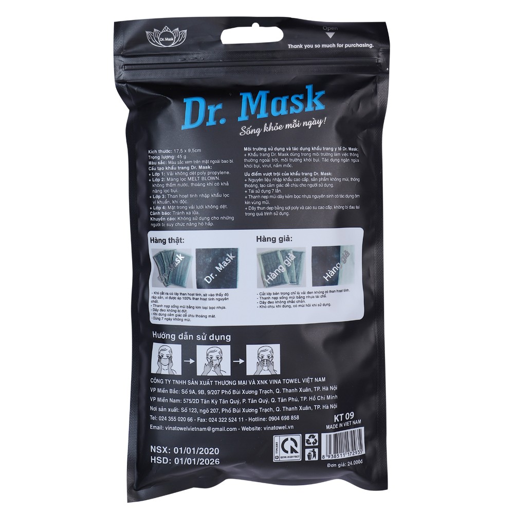 Khẩu trang carbon than hoạt tính 4 lớp Dr.Mask 10 cái/túi