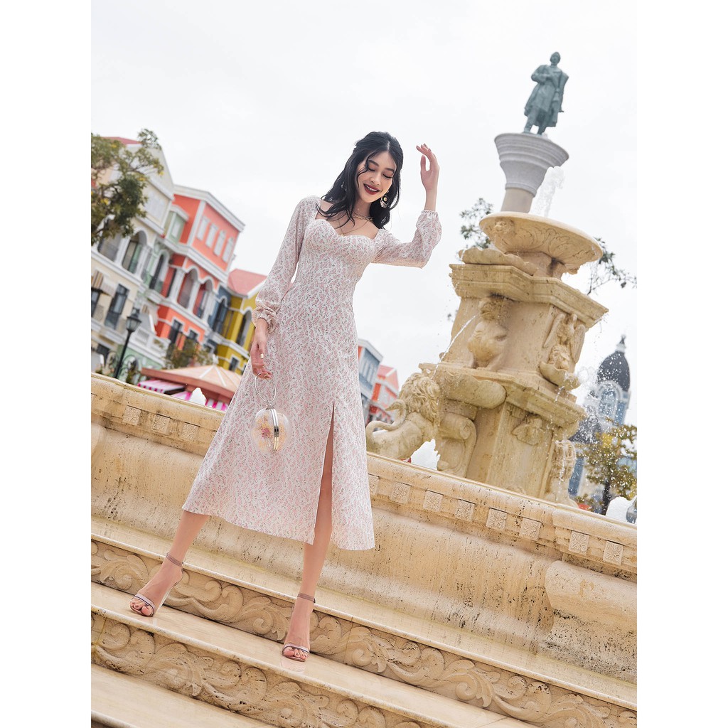 [Mã SKAMSALEP6 giảm 10% tối đa 100K đơn 150K] SÒ VINTAGE - JADE Đầm hoa tay dài xẻ tà | BigBuy360 - bigbuy360.vn