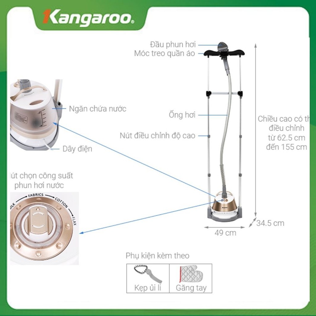 Bàn là hơi nước đứng Kangaroo KG75B6, công suất 1580W nóng lên chỉ trong vòng 30 giây, có chức năng điều chỉnh nhiệt độ.