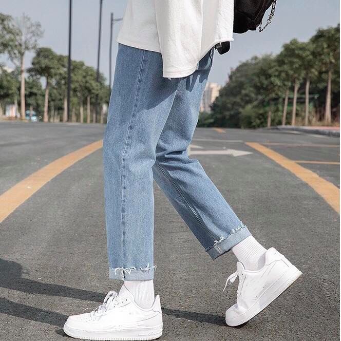 Quần jeans baggy xanh ống rộng nam nữ , dáng suông , không phai màu , rách gấu phong cách Hàn Quốc - RG