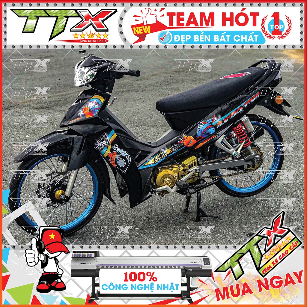 Tem rời sirius turbo , Team chế sirius dán xe màu đen viền xanh siêu đẹp , Shop TTX Tem xe sirius mã (S0040/00)