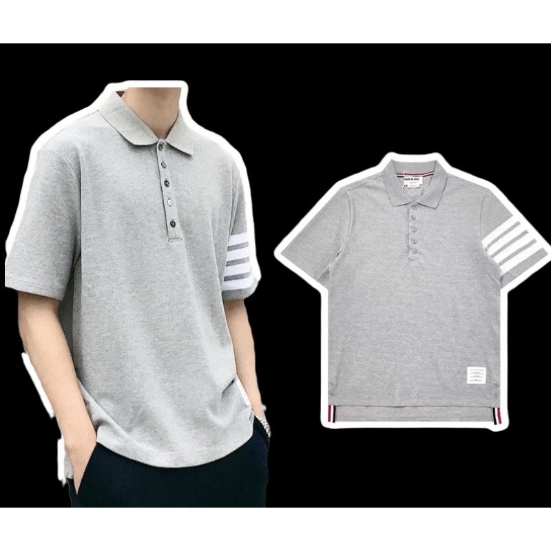 Áo Polo Thom Brown Center-Back Stripe Piqué Polo Grey, Áo polo nam TB cao cấp