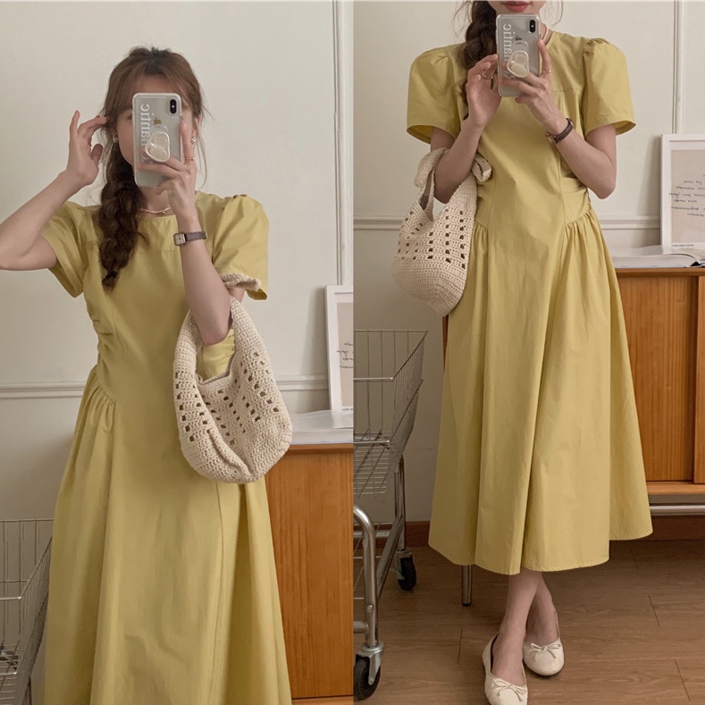 Đầm SUXI tay ngắn cổ tròn đơn giản phong cách Hàn Quốc