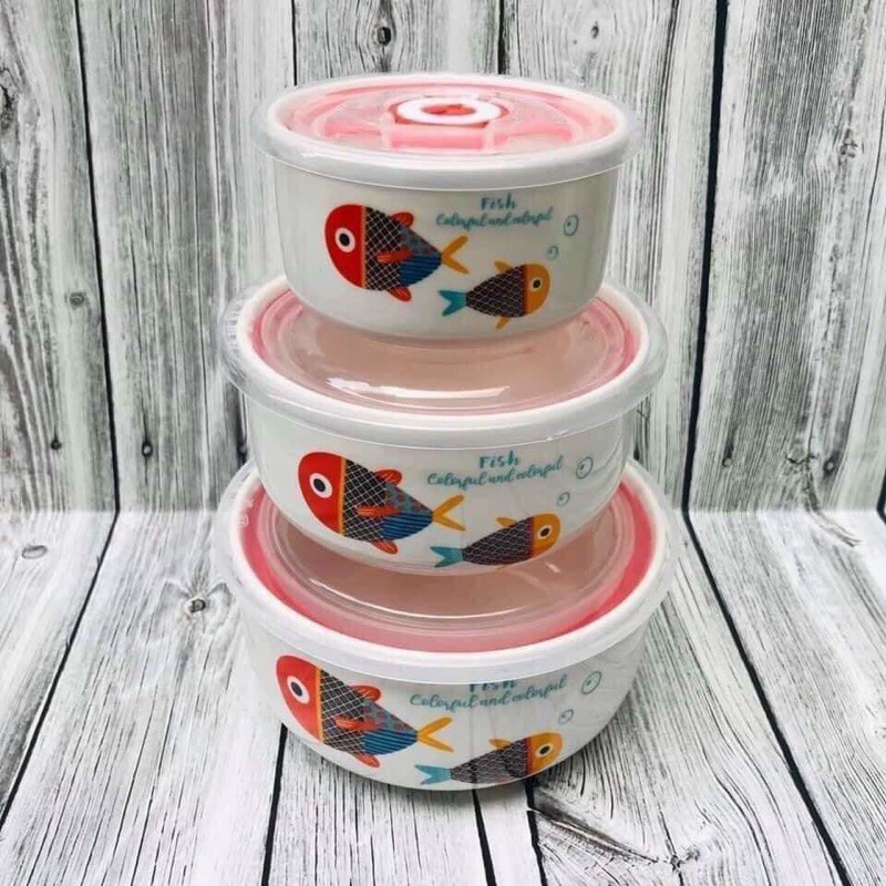 Bộ 3 Thố Sứ Tô Sứ Có Nắp Hút Chân Không - Ngẫu Nhiên - Đựng Thực Phẩm - 3 Size Lớn Nhỏ